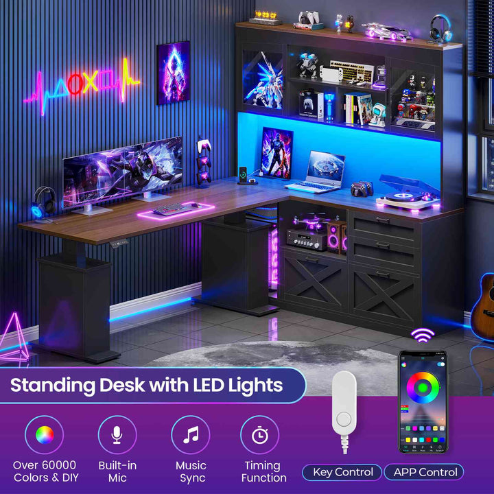 SEDETA 69 Inch L Shaped Gaming Standing Desk with 4 Drawers Storage Bookshelf Farmhouse Height Adjustable Office Desk with Storage Shelves LED Lights Power Outlet for Home Office