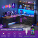 SEDETA 69 Inch L Shaped Gaming Standing Desk with 4 Drawers Storage Bookshelf Farmhouse Height Adjustable Office Desk with Storage Shelves LED Lights Power Outlet for Home Office