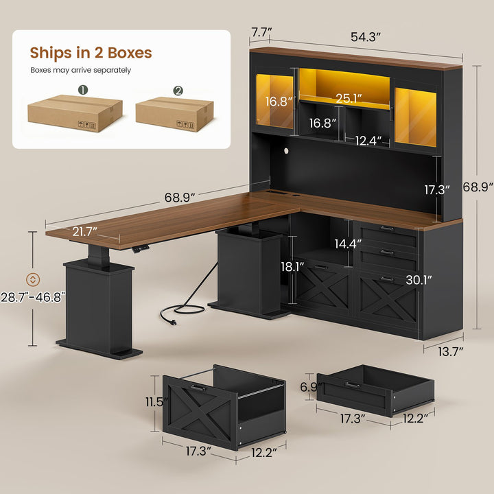 SEDETA 69 Inch L Shaped Gaming Standing Desk with 4 Drawers Storage Bookshelf Farmhouse Height Adjustable Office Desk with Storage Shelves LED Lights Power Outlet for Home Office