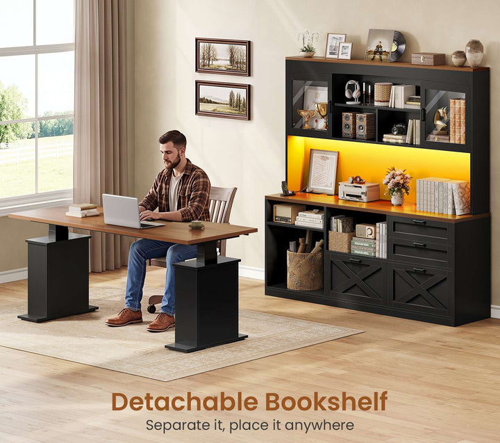 SEDETA 69 Inch L Shaped Gaming Standing Desk with 4 Drawers Storage Bookshelf Farmhouse Height Adjustable Office Desk with Storage Shelves LED Lights Power Outlet for Home Office