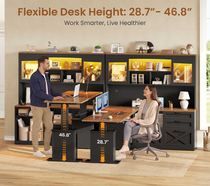 SEDETA 69 Inch L Shaped Gaming Standing Desk with 4 Drawers Storage Bookshelf Farmhouse Height Adjustable Office Desk with Storage Shelves LED Lights Power Outlet for Home Office