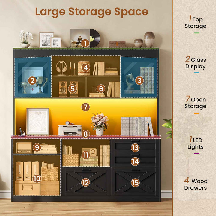 SEDETA 69 Inch L Shaped Gaming Standing Desk with 4 Drawers Storage Bookshelf Farmhouse Height Adjustable Office Desk with Storage Shelves LED Lights Power Outlet for Home Office
