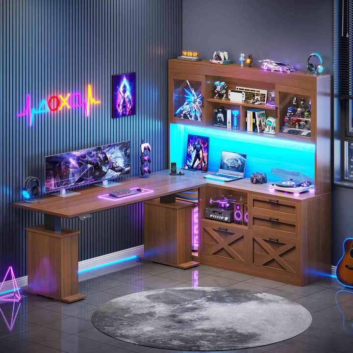 SEDETA 69 Inch L Shaped Gaming Standing Desk with 4 Drawers Storage Bookshelf Farmhouse Height Adjustable Office Desk with Storage Shelves LED Lights Power Outlet for Home Office