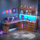 SEDETA 69 Inch L Shaped Gaming Standing Desk with 4 Drawers Storage Bookshelf Farmhouse Height Adjustable Office Desk with Storage Shelves LED Lights Power Outlet for Home Office