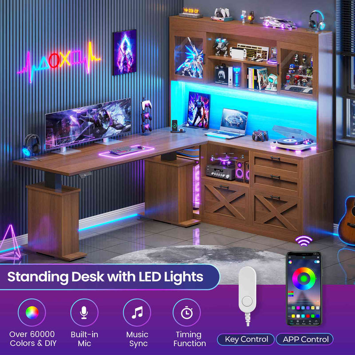 SEDETA 69 Inch L Shaped Gaming Standing Desk with 4 Drawers Storage Bookshelf Farmhouse Height Adjustable Office Desk with Storage Shelves LED Lights Power Outlet for Home Office