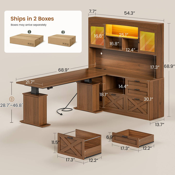 SEDETA 69 Inch L Shaped Gaming Standing Desk with 4 Drawers Storage Bookshelf Farmhouse Height Adjustable Office Desk with Storage Shelves LED Lights Power Outlet for Home Office