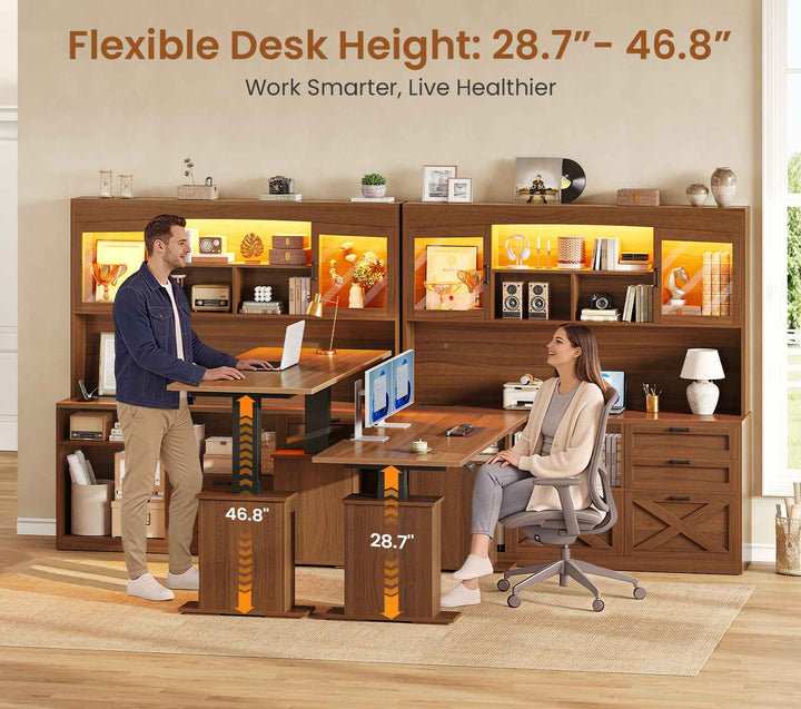SEDETA 69 Inch L Shaped Gaming Standing Desk with 4 Drawers Storage Bookshelf Farmhouse Height Adjustable Office Desk with Storage Shelves LED Lights Power Outlet for Home Office