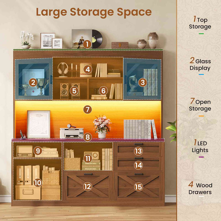SEDETA 69 Inch L Shaped Gaming Standing Desk with 4 Drawers Storage Bookshelf Farmhouse Height Adjustable Office Desk with Storage Shelves LED Lights Power Outlet for Home Office