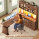 SEDETA 69 Inch L Shaped Gaming Standing Desk with 4 Drawers Storage Bookshelf Farmhouse Height Adjustable Office Desk with Storage Shelves LED Lights Power Outlet for Home Office