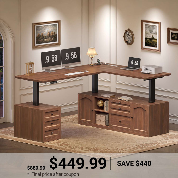 SEDETA | 69 Inch Height Adjustable Electric Standing Desk with 6 Drawers Power Outlet Farmhouse L Shaped Executive Desk with Storage Shelves Sit Stand Computer Desk for Home Office