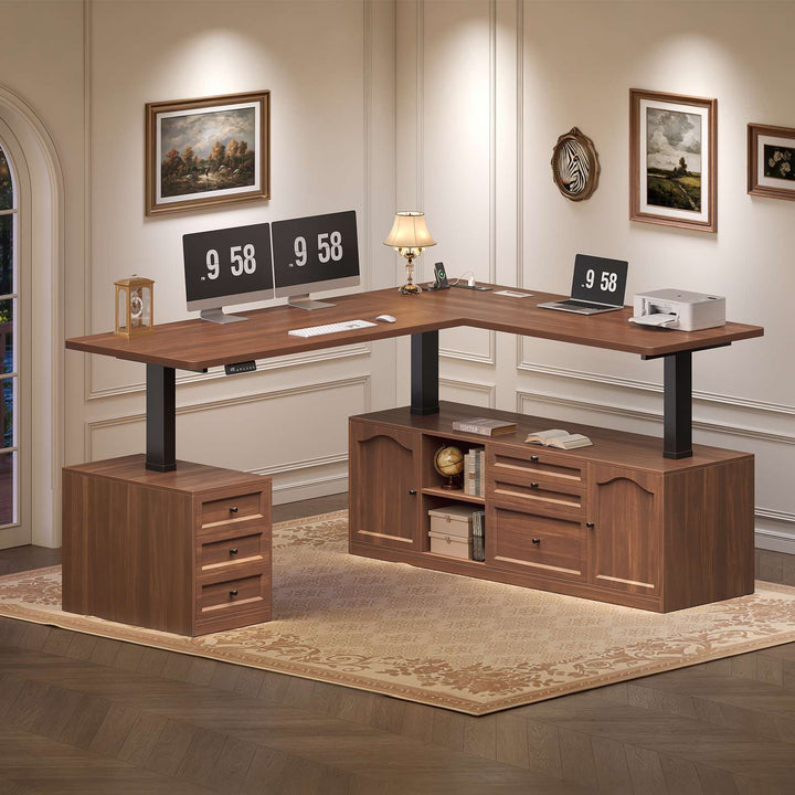 SEDETA 69 Inch Farmhouse L Shaped Executive Electric Standing Desk with 6 Drawers Height Adjustable Office Desk with Storage Shelves Power Outlet Sit Stand Computer Desk for Home Office