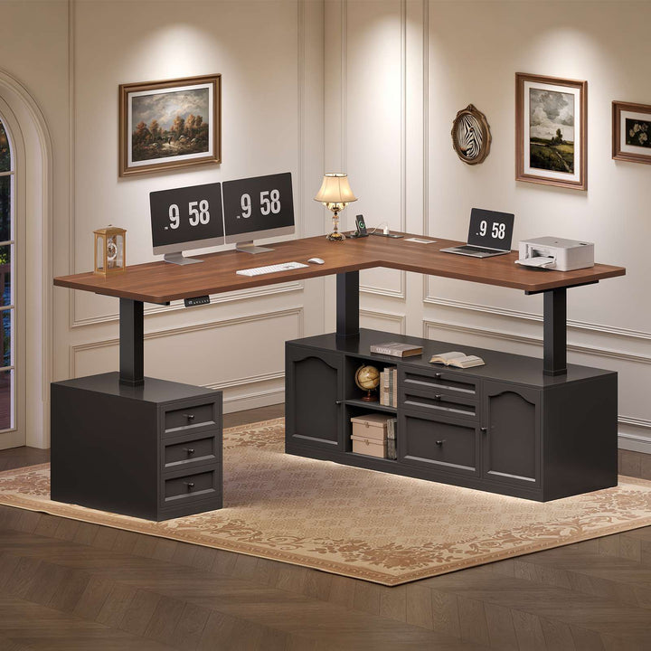 SEDETA 69 Inch Farmhouse L Shaped Executive Electric Standing Desk with 6 Drawers Height Adjustable Office Desk with Storage Shelves Power Outlet Sit Stand Computer Desk for Home Office