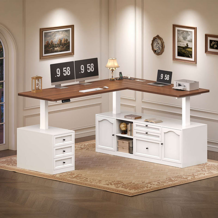 SEDETA 69 Inch Farmhouse L Shaped Executive Electric Standing Desk with 6 Drawers Height Adjustable Office Desk with Storage Shelves Power Outlet Sit Stand Computer Desk for Home Office