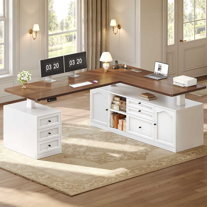 SEDETA 69 Inch Farmhouse L Shaped Executive Electric Standing Desk with 6 Drawers Height Adjustable Office Desk with Storage Shelves Power Outlet Sit Stand Computer Desk for Home Office