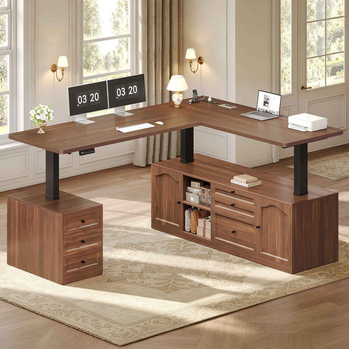 SEDETA 69 Inch Farmhouse L Shaped Executive Electric Standing Desk with 6 Drawers Height Adjustable Office Desk with Storage Shelves Power Outlet Sit Stand Computer Desk for Home Office