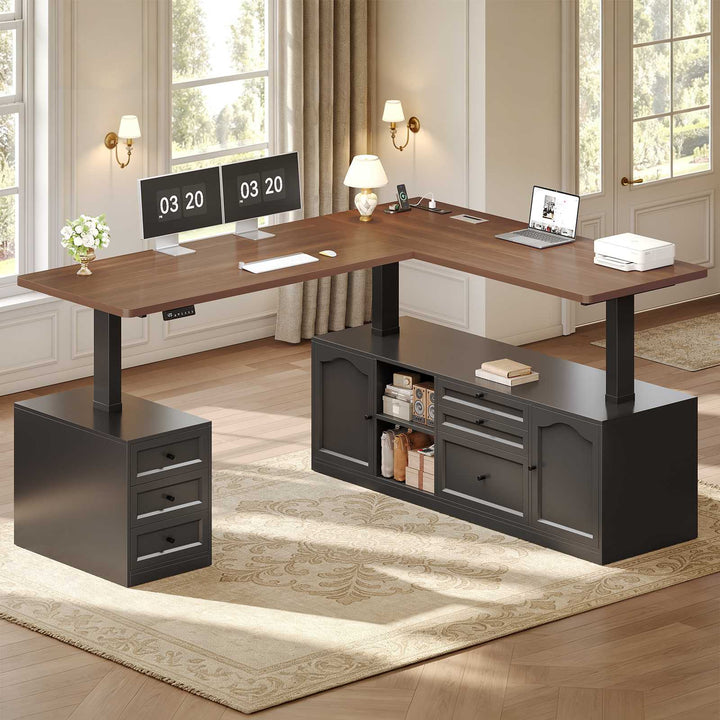 SEDETA 69 Inch Farmhouse L Shaped Executive Electric Standing Desk with 6 Drawers Height Adjustable Office Desk with Storage Shelves Power Outlet Sit Stand Computer Desk for Home Office