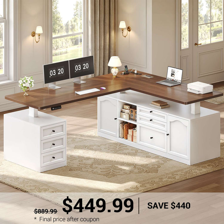 SEDETA | 69 Inch Height Adjustable Electric Standing Desk with 6 Drawers Power Outlet Farmhouse L Shaped Executive Desk with Storage Shelves Sit Stand Computer Desk for Home Office