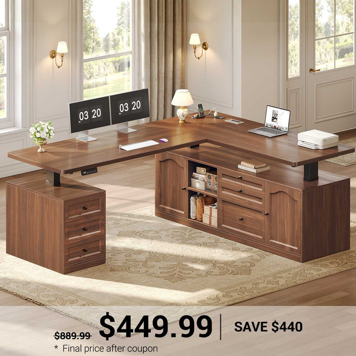 SEDETA | 69 Inch Height Adjustable Electric Standing Desk with 6 Drawers Power Outlet Farmhouse L Shaped Executive Desk with Storage Shelves Sit Stand Computer Desk for Home Office