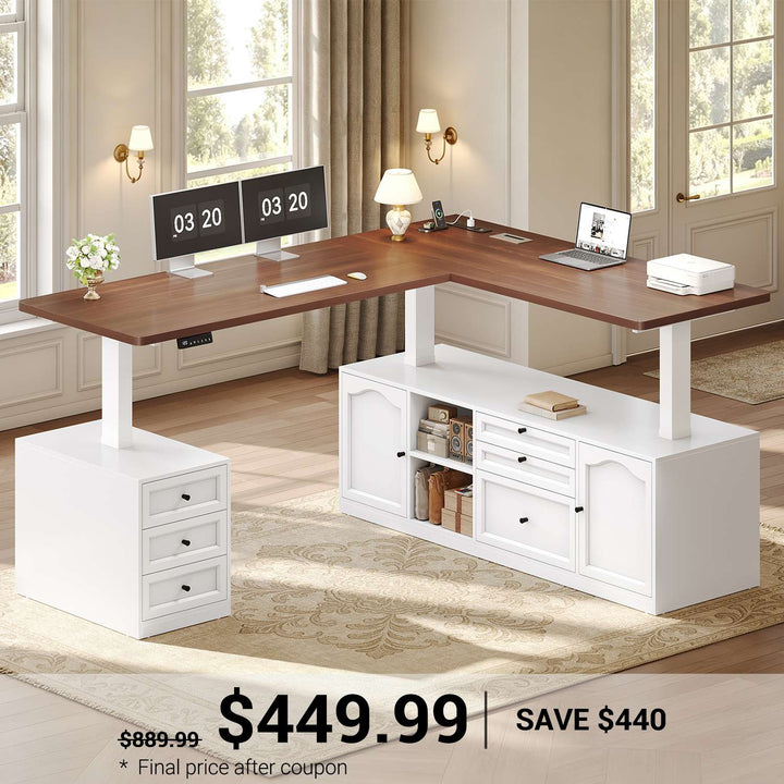 SEDETA | 69 Inch Height Adjustable Electric Standing Desk with 6 Drawers Power Outlet Farmhouse L Shaped Executive Desk with Storage Shelves Sit Stand Computer Desk for Home Office