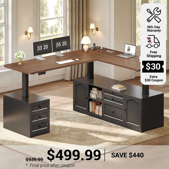 SEDETA 69 Inch Farmhouse L Shaped Executive Electric Standing Desk with 6 Drawers Height Adjustable Office Desk with Storage Shelves Power Outlet Sit Stand Computer Desk for Home Office