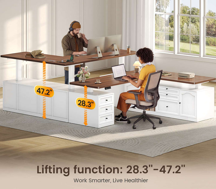 SEDETA 69 Inch Farmhouse L Shaped Executive Electric Standing Desk with 6 Drawers Height Adjustable Office Desk with Storage Shelves Power Outlet Sit Stand Computer Desk for Home Office