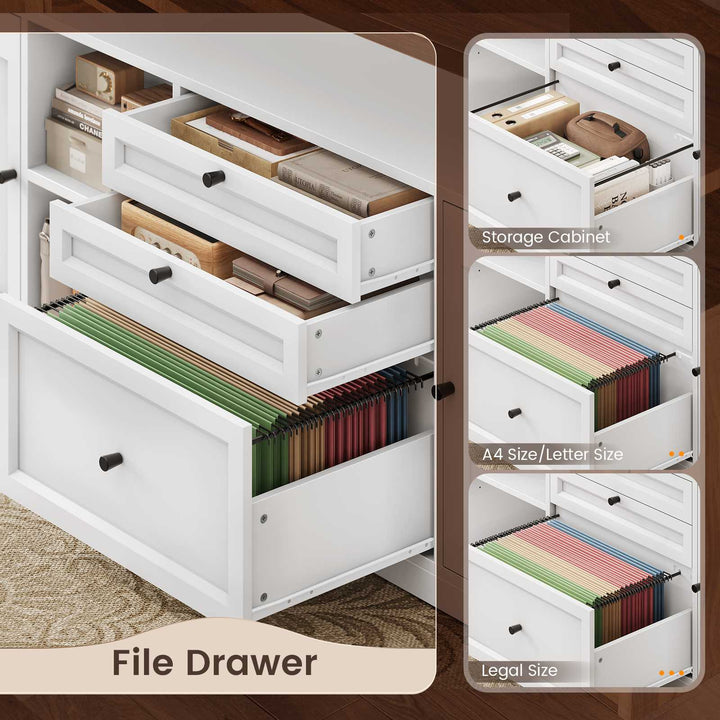 SEDETA 69 Inch Farmhouse L Shaped Executive Electric Standing Desk with 6 Drawers Height Adjustable Office Desk with Storage Shelves Power Outlet Sit Stand Computer Desk for Home Office