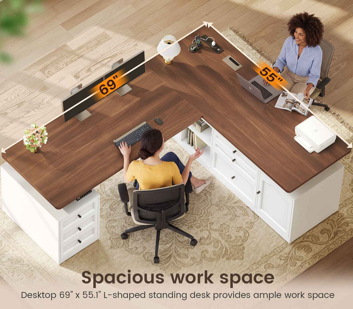 SEDETA 69 Inch Farmhouse L Shaped Executive Electric Standing Desk with 6 Drawers Height Adjustable Office Desk with Storage Shelves Power Outlet Sit Stand Computer Desk for Home Office