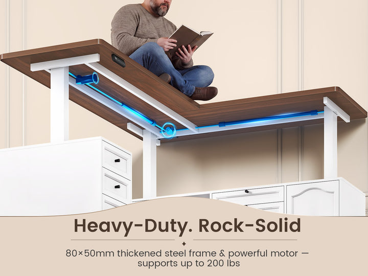 SEDETA 69 Inch Farmhouse L Shaped Executive Electric Standing Desk with 6 Drawers Height Adjustable Office Desk with Storage Shelves Power Outlet Sit Stand Computer Desk for Home Office