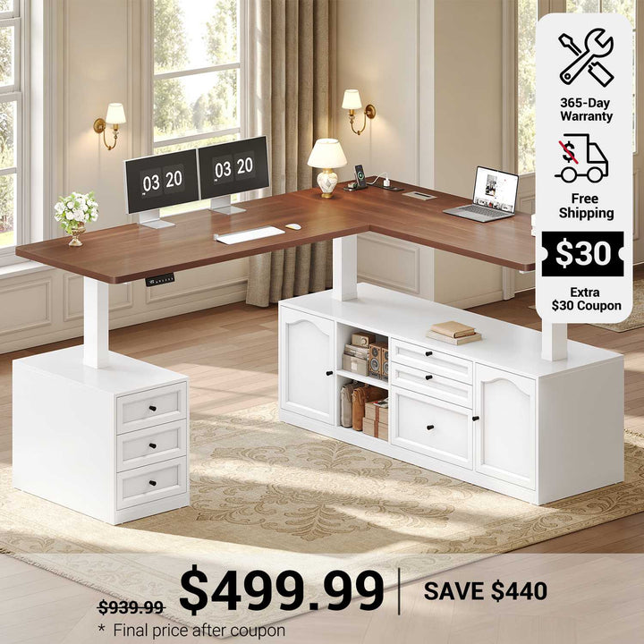 SEDETA 69 Inch Farmhouse L Shaped Executive Electric Standing Desk with 6 Drawers Height Adjustable Office Desk with Storage Shelves Power Outlet Sit Stand Computer Desk for Home Office