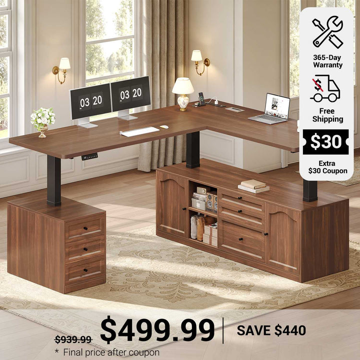 SEDETA 69 Inch Farmhouse L Shaped Executive Electric Standing Desk with 6 Drawers Height Adjustable Office Desk with Storage Shelves Power Outlet Sit Stand Computer Desk for Home Office