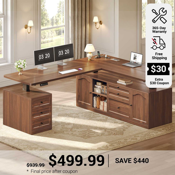 SEDETA 69 Inch Farmhouse L Shaped Executive Electric Standing Desk with 6 Drawers Height Adjustable Office Desk with Storage Shelves Power Outlet Sit Stand Computer Desk for Home Office