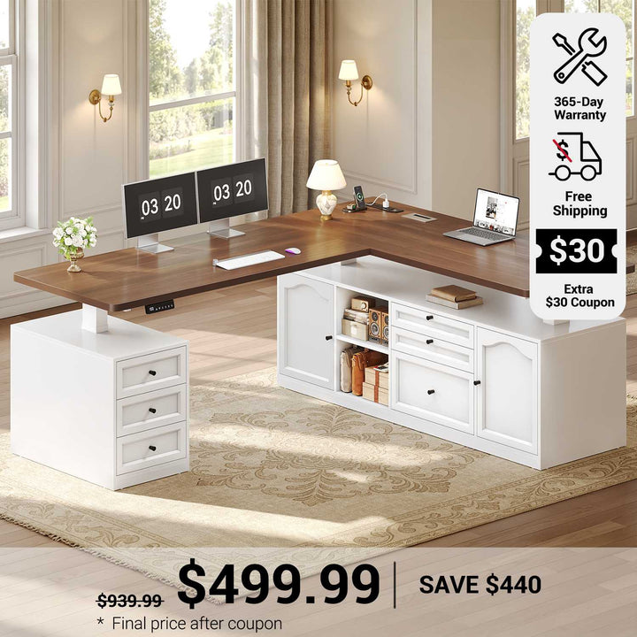 SEDETA 69 Inch Farmhouse L Shaped Executive Electric Standing Desk with 6 Drawers Height Adjustable Office Desk with Storage Shelves Power Outlet Sit Stand Computer Desk for Home Office