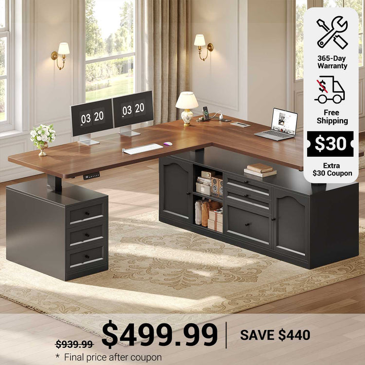SEDETA 69 Inch Farmhouse L Shaped Executive Electric Standing Desk with 6 Drawers Height Adjustable Office Desk with Storage Shelves Power Outlet Sit Stand Computer Desk for Home Office