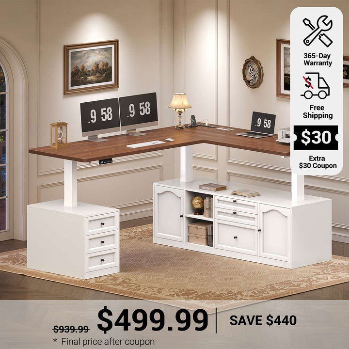 SEDETA 69 Inch Farmhouse L Shaped Executive Electric Standing Desk with 6 Drawers Height Adjustable Office Desk with Storage Shelves Power Outlet Sit Stand Computer Desk for Home Office
