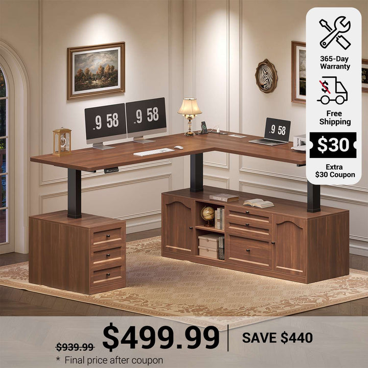 SEDETA 69 Inch Farmhouse L Shaped Executive Electric Standing Desk with 6 Drawers Height Adjustable Office Desk with Storage Shelves Power Outlet Sit Stand Computer Desk for Home Office