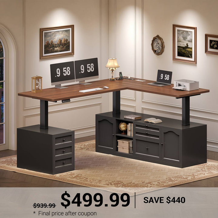 SEDETA 69 Inch Farmhouse L Shaped Executive Electric Standing Desk with 6 Drawers Height Adjustable Office Desk with Storage Shelves Power Outlet Sit Stand Computer Desk for Home Office