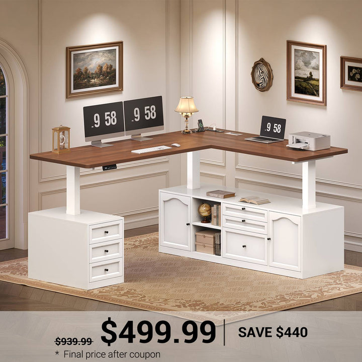 SEDETA 69 Inch Farmhouse L Shaped Executive Electric Standing Desk with 6 Drawers Height Adjustable Office Desk with Storage Shelves Power Outlet Sit Stand Computer Desk for Home Office
