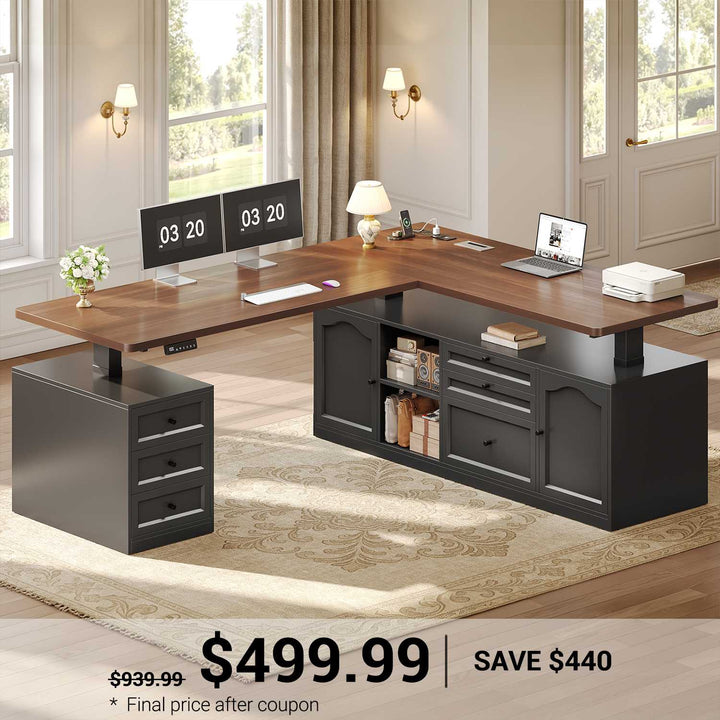 SEDETA 69 Inch Farmhouse L Shaped Executive Electric Standing Desk with 6 Drawers Height Adjustable Office Desk with Storage Shelves Power Outlet Sit Stand Computer Desk for Home Office