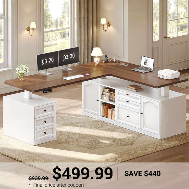 SEDETA 69 Inch Farmhouse L Shaped Executive Electric Standing Desk with 6 Drawers Height Adjustable Office Desk with Storage Shelves Power Outlet Sit Stand Computer Desk for Home Office