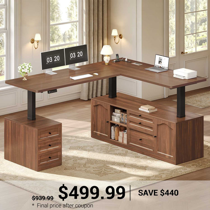 SEDETA 69 Inch Farmhouse L Shaped Executive Electric Standing Desk with 6 Drawers Height Adjustable Office Desk with Storage Shelves Power Outlet Sit Stand Computer Desk for Home Office