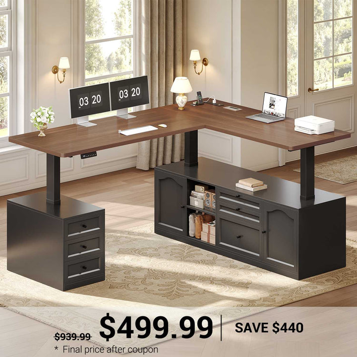 SEDETA 69 Inch Farmhouse L Shaped Executive Electric Standing Desk with 6 Drawers Height Adjustable Office Desk with Storage Shelves Power Outlet Sit Stand Computer Desk for Home Office