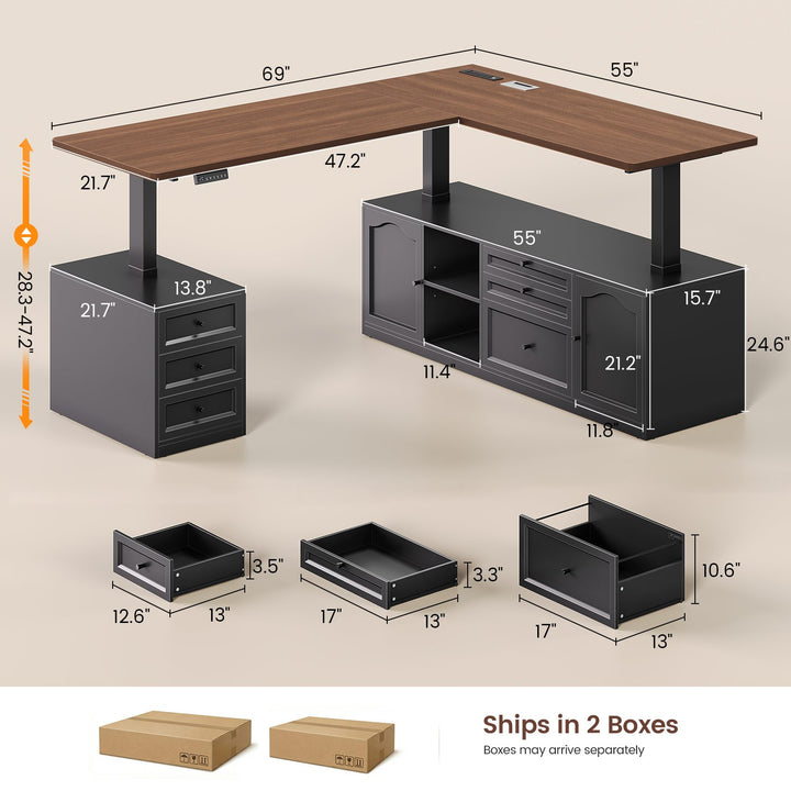 SEDETA 69 Inch Farmhouse L Shaped Executive Electric Standing Desk with 6 Drawers Height Adjustable Office Desk with Storage Shelves Power Outlet Sit Stand Computer Desk for Home Office