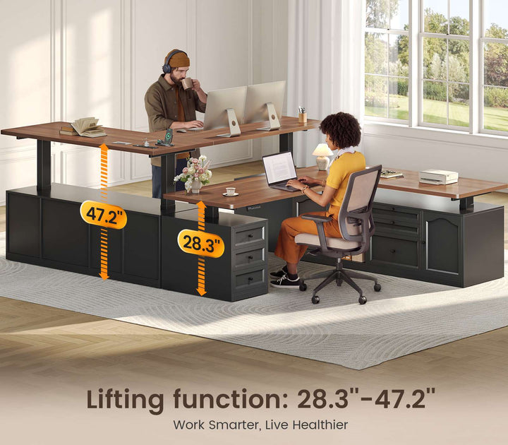 SEDETA 69 Inch Farmhouse L Shaped Executive Electric Standing Desk with 6 Drawers Height Adjustable Office Desk with Storage Shelves Power Outlet Sit Stand Computer Desk for Home Office