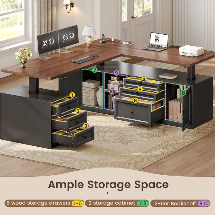 SEDETA 69 Inch Farmhouse L Shaped Executive Electric Standing Desk with 6 Drawers Height Adjustable Office Desk with Storage Shelves Power Outlet Sit Stand Computer Desk for Home Office