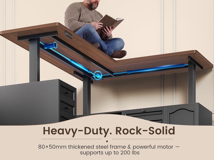 SEDETA 69 Inch Farmhouse L Shaped Executive Electric Standing Desk with 6 Drawers Height Adjustable Office Desk with Storage Shelves Power Outlet Sit Stand Computer Desk for Home Office