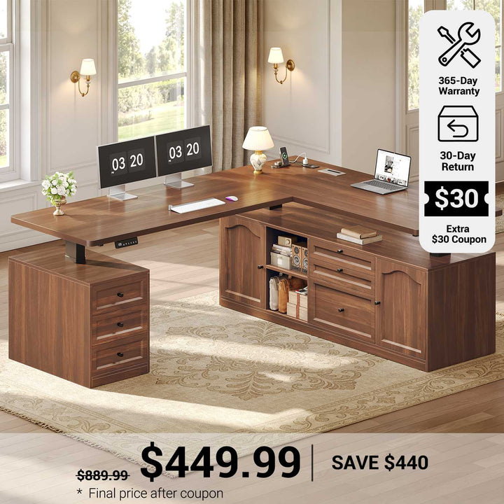 SEDETA® 69 Inch Height Adjustable Office Desk with 6 Drawers Power Outlet Farmhouse L Shaped Executive Electric Standing Desk with Storage Shelves Sit Stand Computer Desk for Home Office