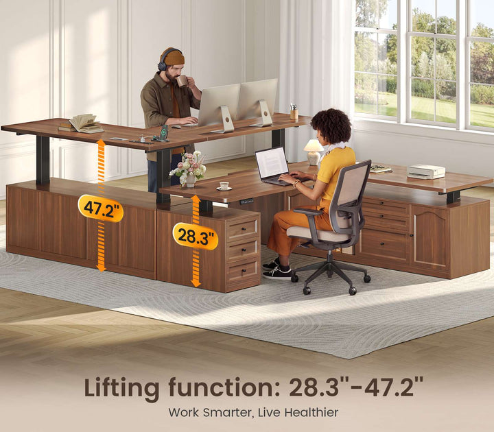 SEDETA 69 Inch Farmhouse L Shaped Executive Electric Standing Desk with 6 Drawers Height Adjustable Office Desk with Storage Shelves Power Outlet Sit Stand Computer Desk for Home Office