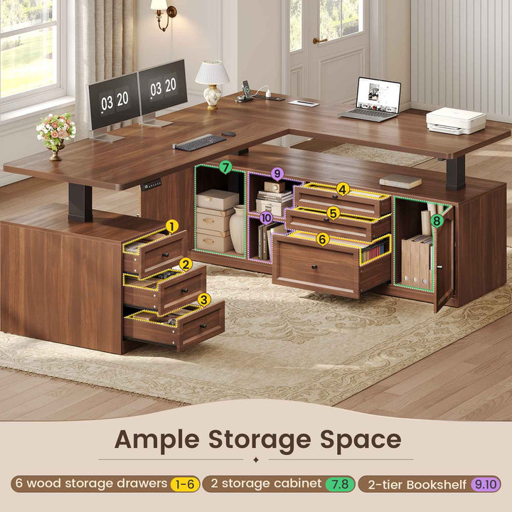 SEDETA 69 Inch Farmhouse L Shaped Executive Electric Standing Desk with 6 Drawers Height Adjustable Office Desk with Storage Shelves Power Outlet Sit Stand Computer Desk for Home Office