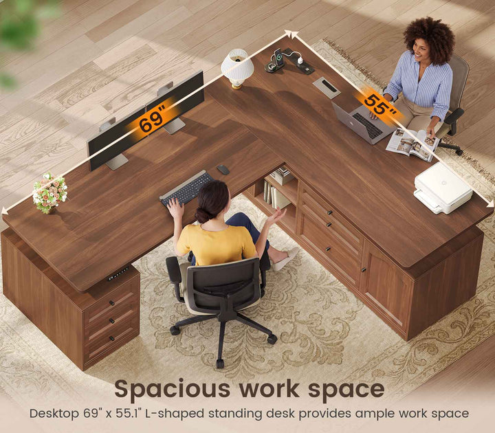 SEDETA 69 Inch Farmhouse L Shaped Executive Electric Standing Desk with 6 Drawers Height Adjustable Office Desk with Storage Shelves Power Outlet Sit Stand Computer Desk for Home Office