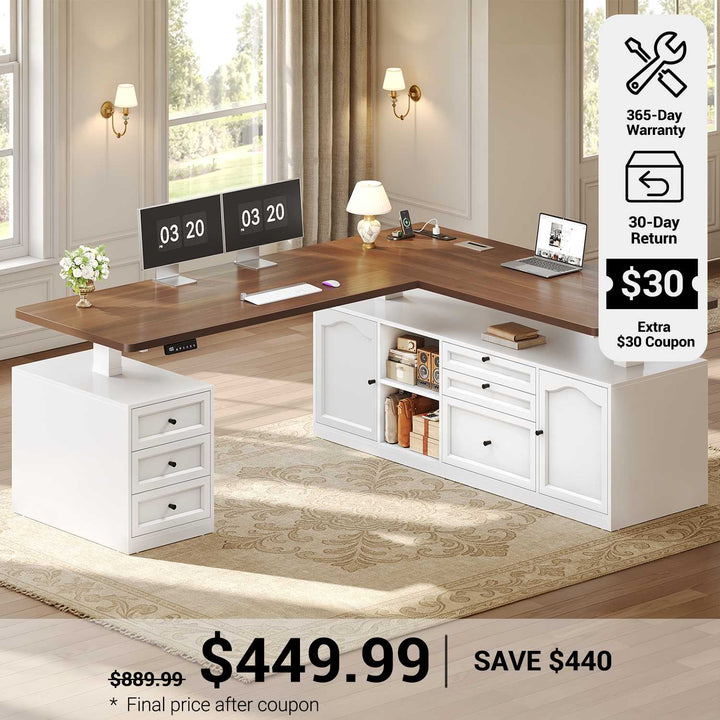SEDETA® 69 Inch Height Adjustable Office Desk with 6 Drawers Power Outlet Farmhouse L Shaped Executive Electric Standing Desk with Storage Shelves Sit Stand Computer Desk for Home Office